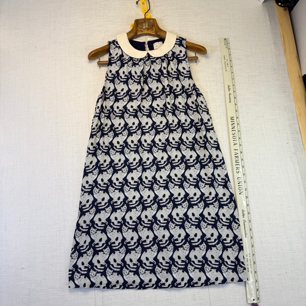 Anthropologie Postmark Cat‎ Print Dress Navy Blue Womens Small Peter Pan Collar